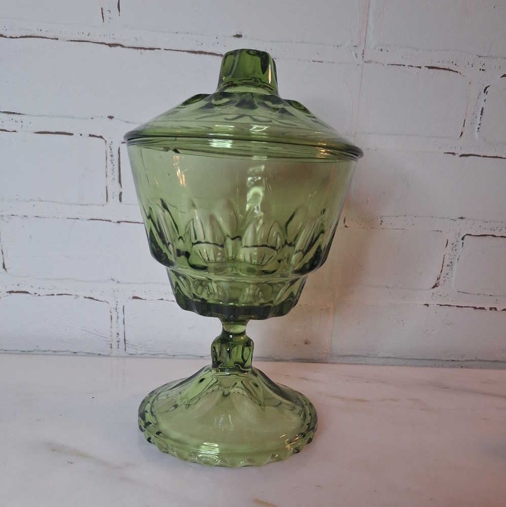 Vintage Green Hazel Atlas Art Glass Candy Dish Compote with Lid